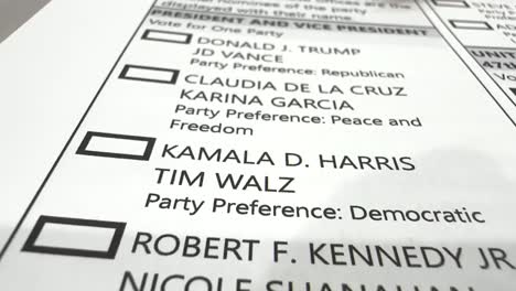 2024 us elections (mail-in) ballot; pov of registered voter reading through names of party nominated candidates running for united states president and vice president.