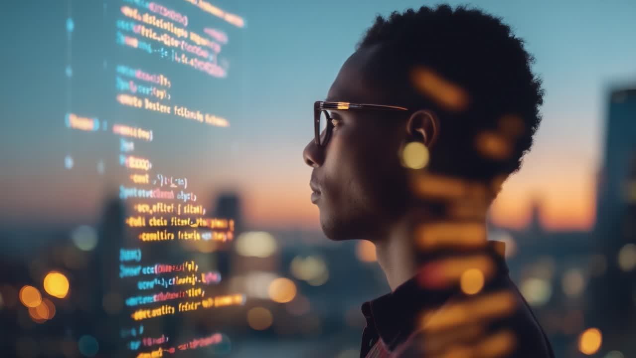 A Thoughtful Individual Gazing at a Digital Display of Code, Capturing the Intersection of Technology and Reflection Against a City Skyline at Dusk