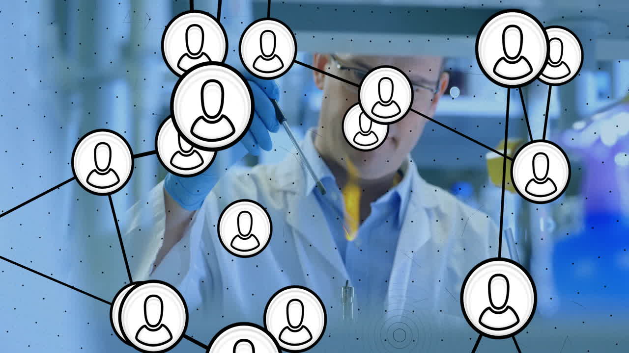 실험실에서 백인 남성 과학자에 대한 연결 네트워크의 애니메이션