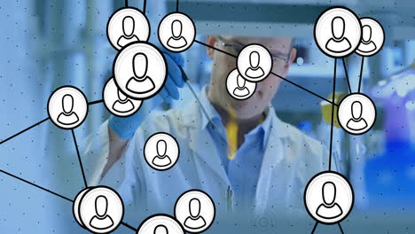 animation of network of connections over caucasian male scientist in laboratory