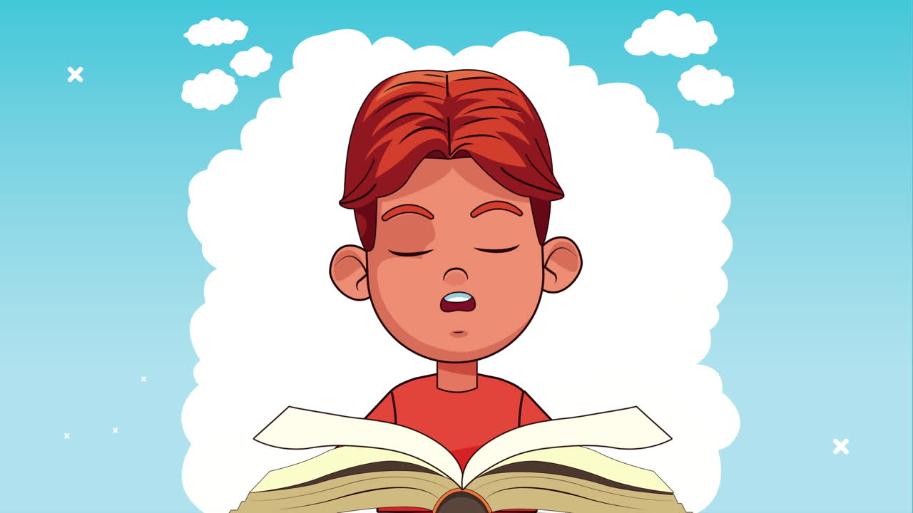 niño estudiante leyendo un libro personaje animado