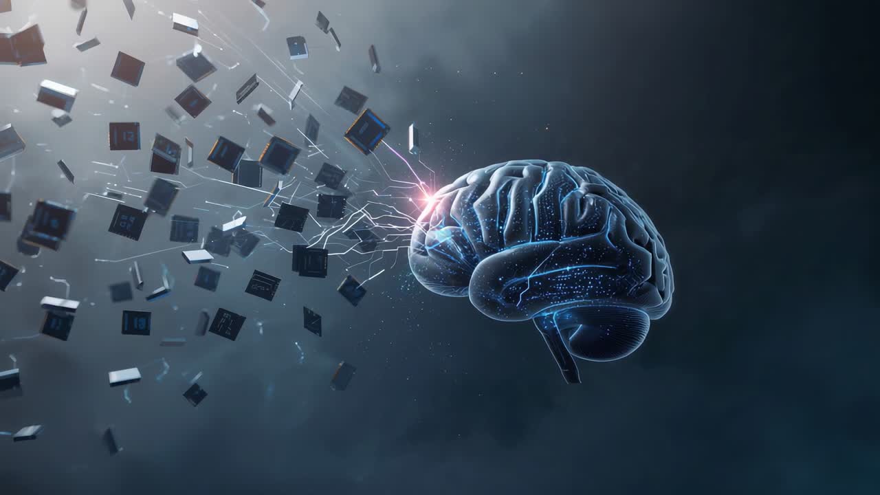 Chip che si spostano, inviando filamenti verso un nodo cerebrale 3D incandescente nel vuoto, avviando il flusso, copy space