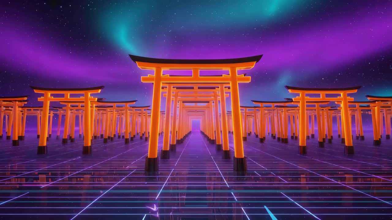Synthwave Torii Gates Under Aurora