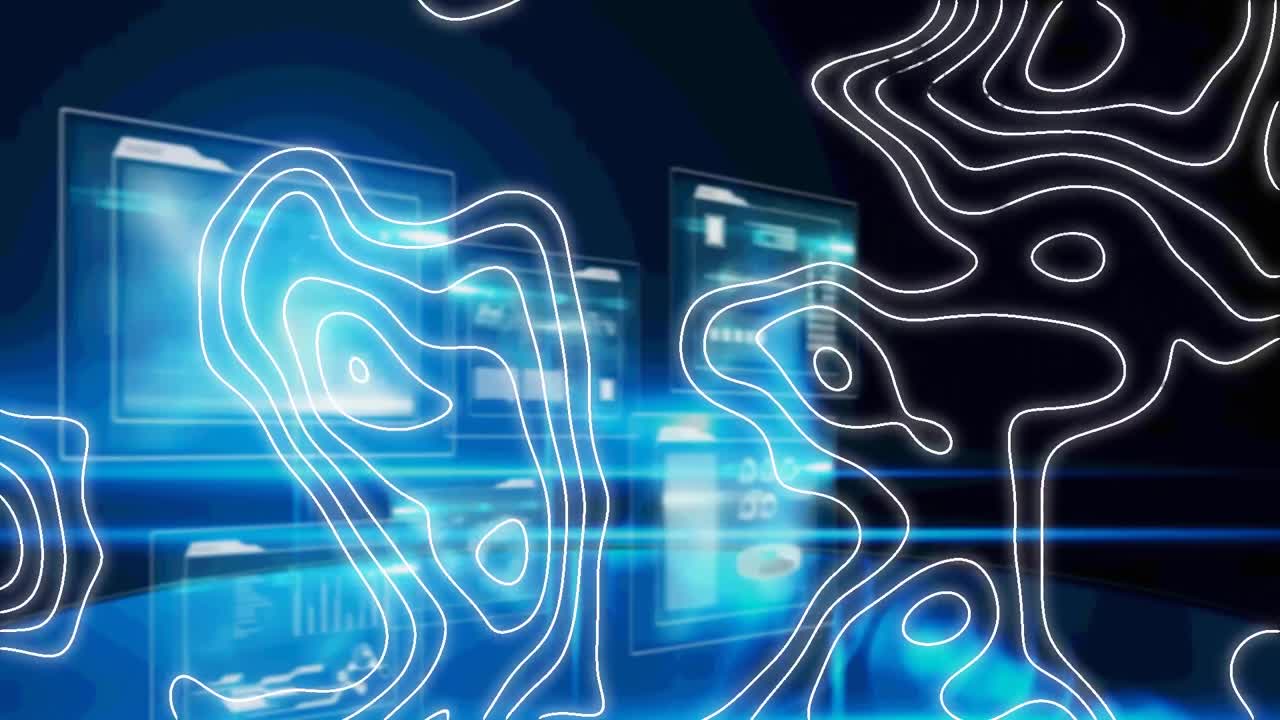 Digital animation of topography against digital interface with data processing on black background