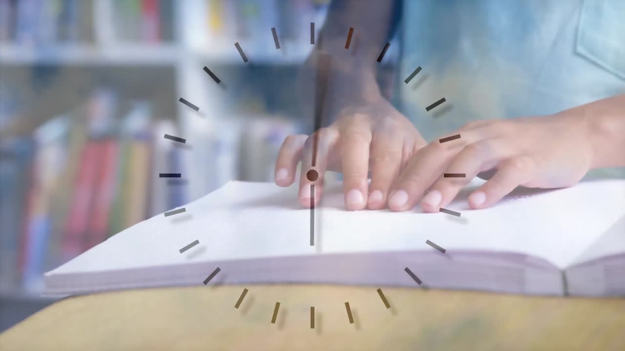 학생 이 전면 에 시계 를 가지고 읽고 있다