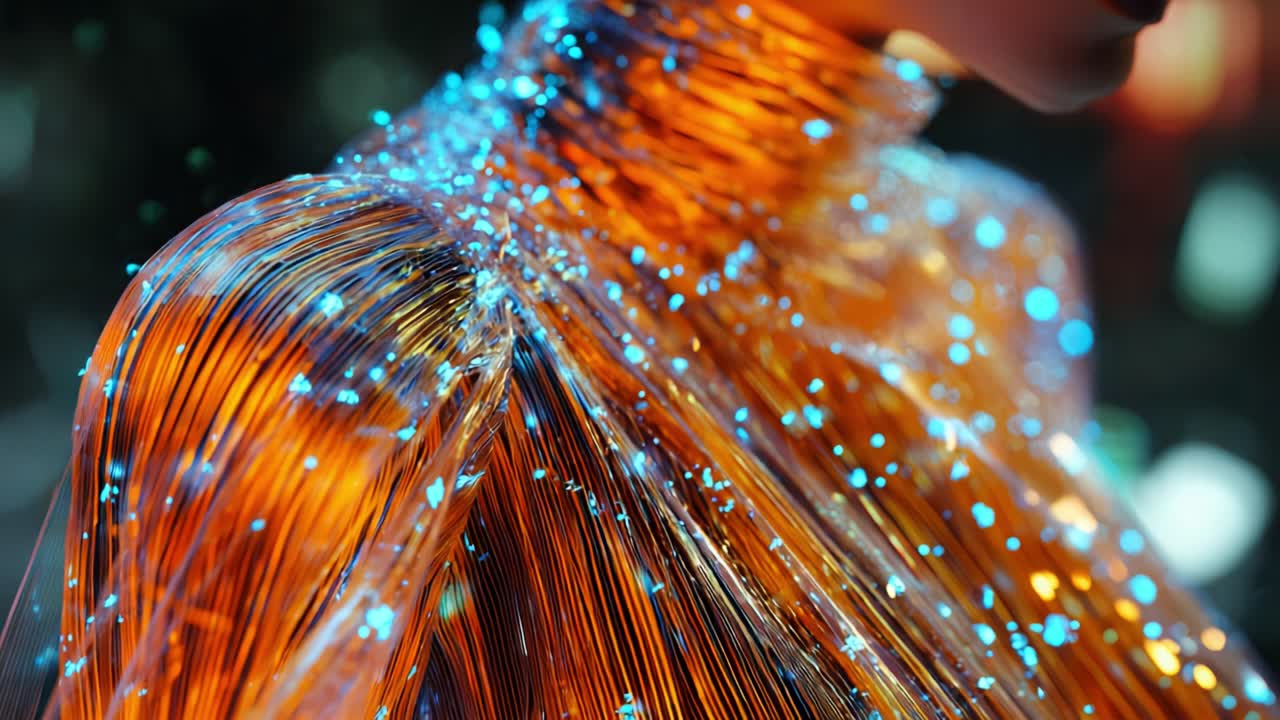 A stunning visual transformation showcasing a shoulder adorned with shimmering strands of light and vibrant sparkling elements, emphasizing beauty and ethereal elegance in a captivating scene