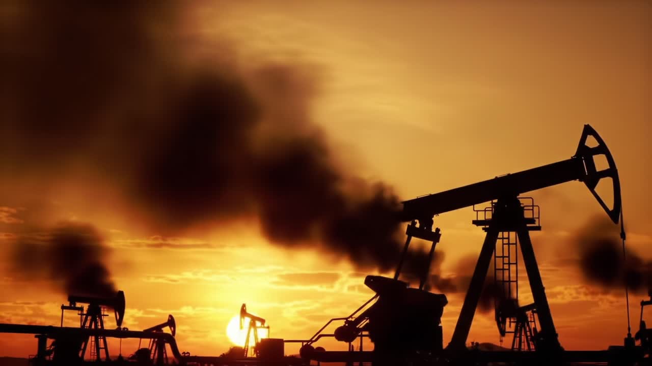 Dramatic Sunset Over Oil Pumps Against a Shadowy Horizon: A Powerful Scene Showcasing the Industrial Impact on Nature and Energy Production