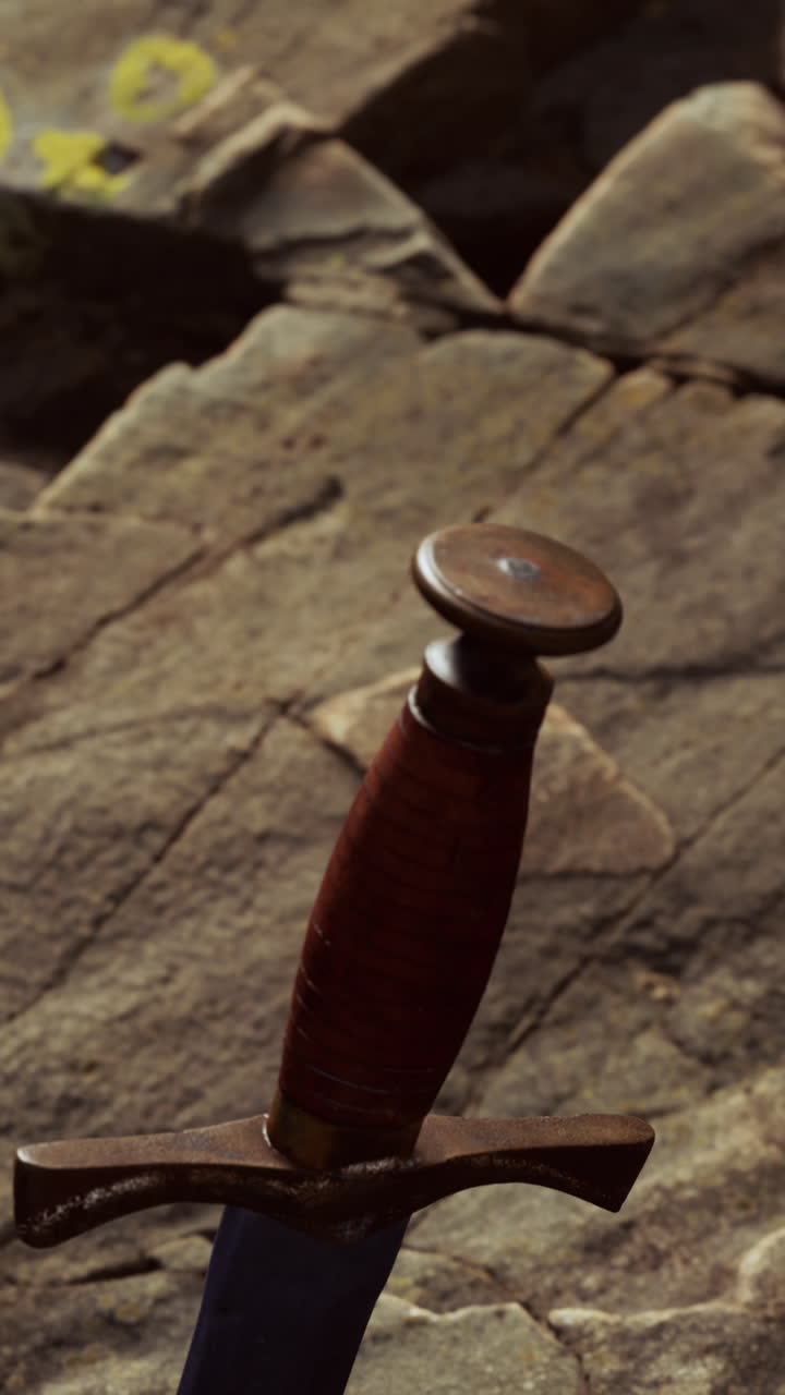 un primer plano de una vieja espada en piedra