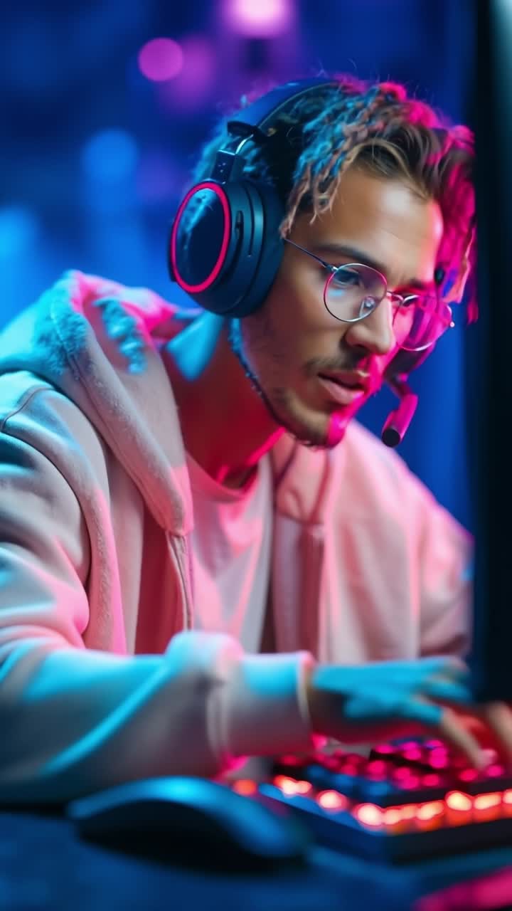 En mand med høretelefoner og en pink hoodie, der spiller et videospil