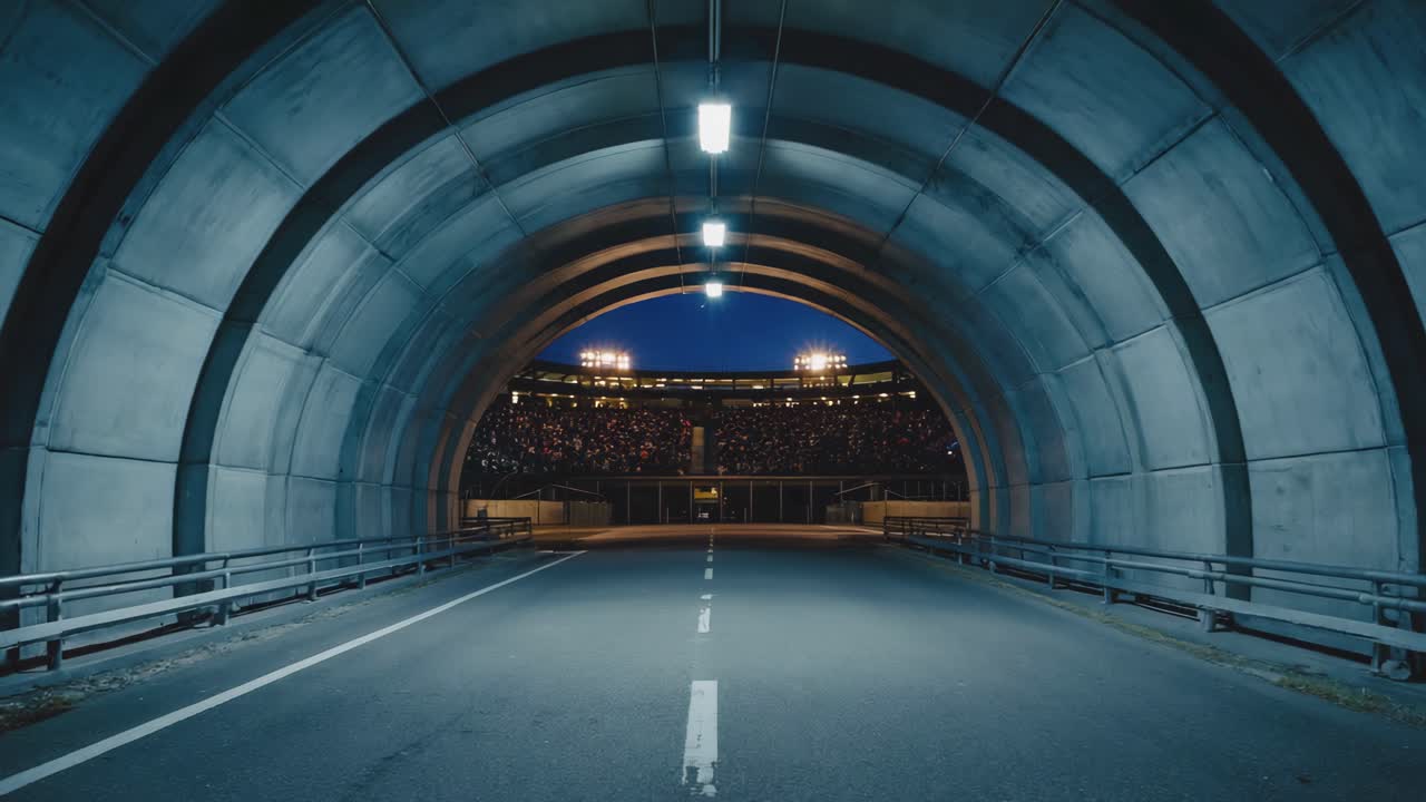 Tunnel leading to a stadium filled with spectators at night