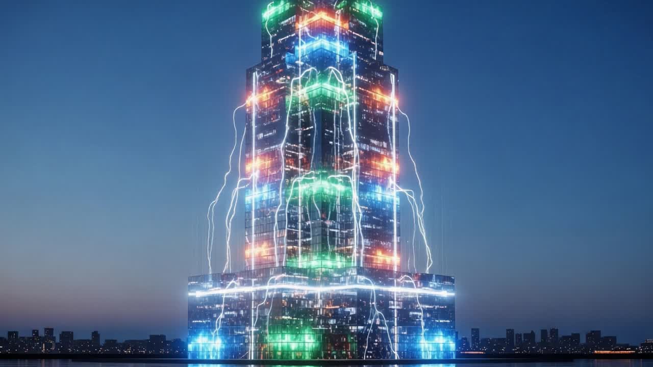 A Dazzling Display of Energy: Vibrant Light Patterns Illuminate a Futuristic Skyscraper at Twilight, Showcasing Architectural Innovation and Modern Design