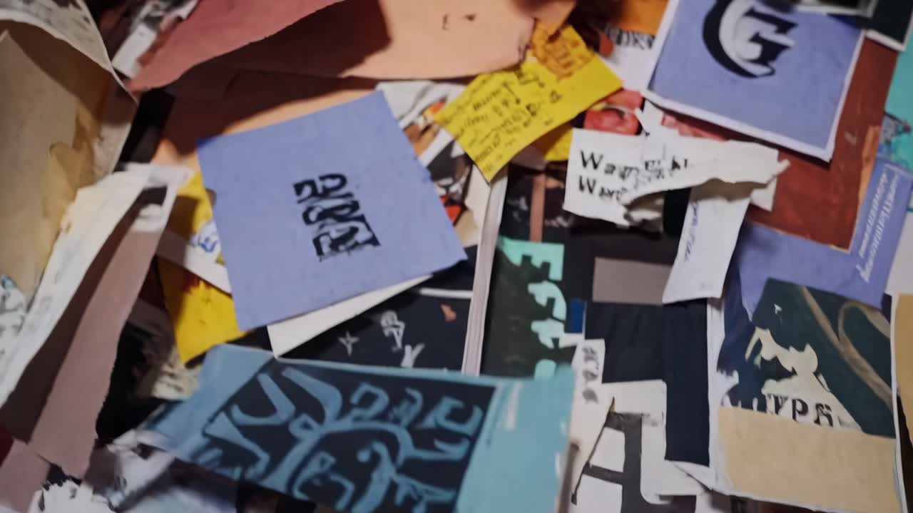 Close Up View of Chaotic Paper Scraps Collage