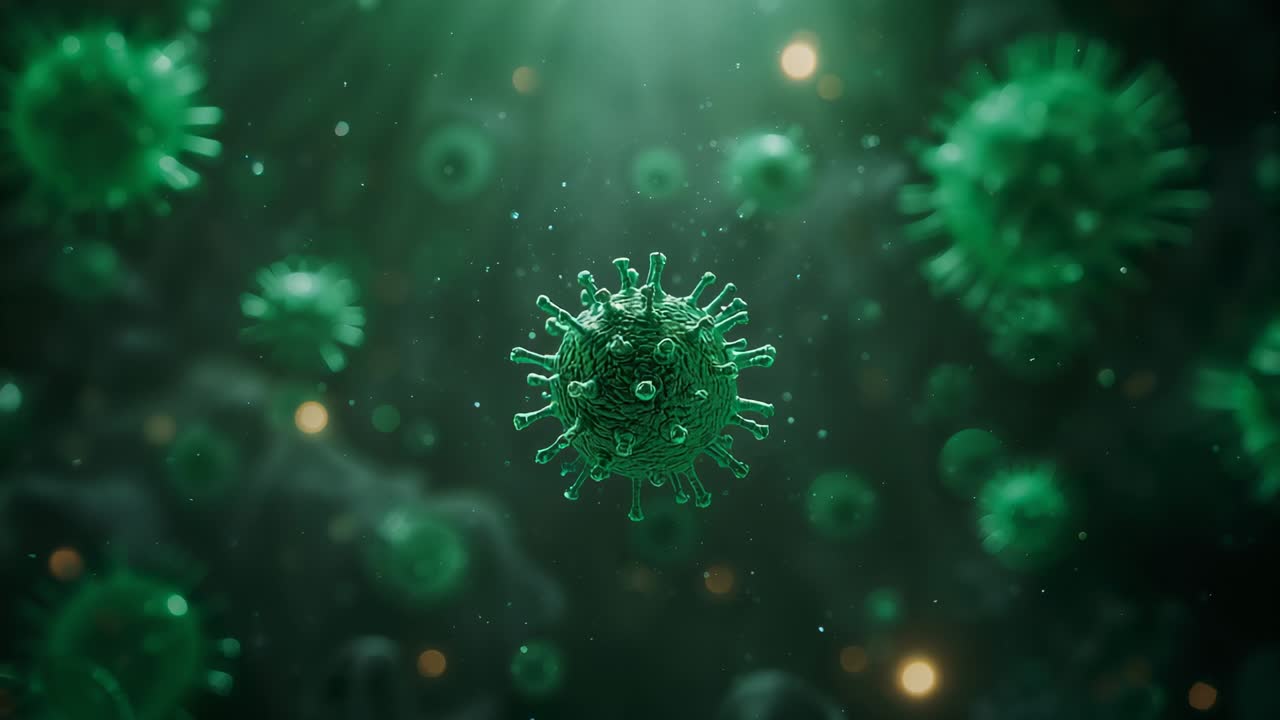 Camera zooming in, green viral particle rotating, approaching in simulated fluid, revealing spikes