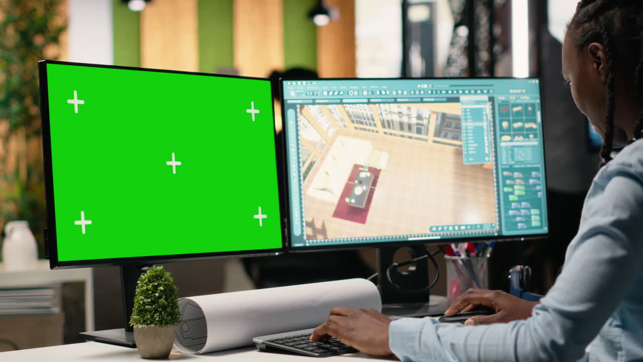 persona que trabaja en una computadora con una pantalla verde