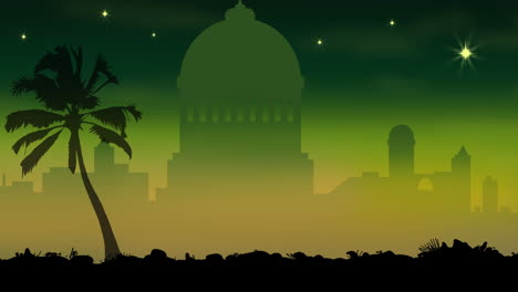 animation of palm tree and city over green background