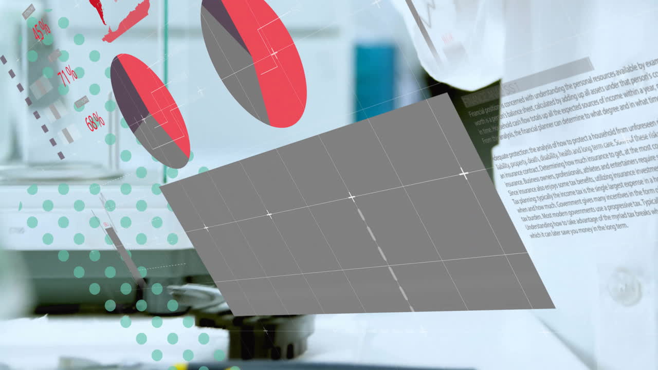 Holding syringe, hands with data charts and animation overlaying school scene