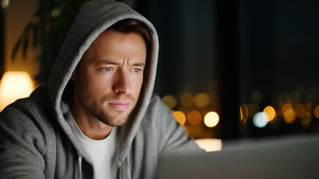 Adult male in a hoodie intensely focused on a laptop screen at night, showcasing determination and concentration against a backdrop of blurred city lights creating a compelling ambiance