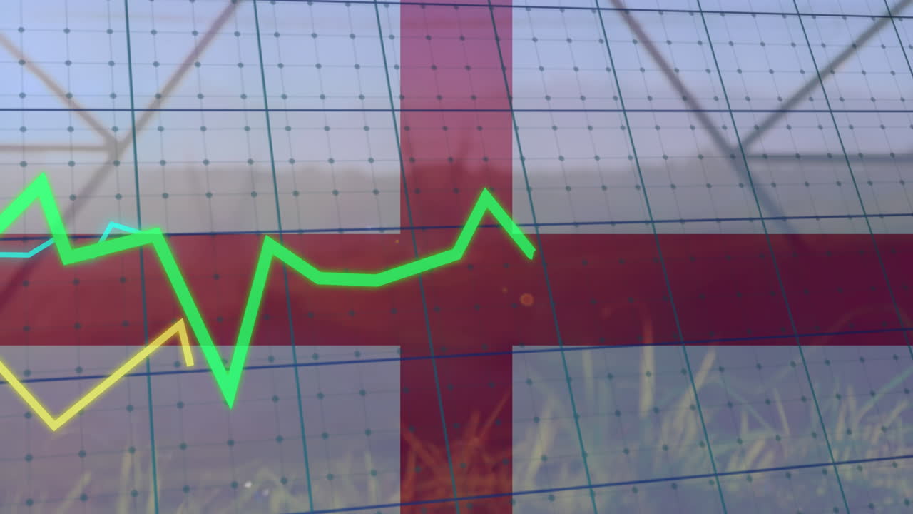 animación del procesamiento de datos financieros sobre la bandera de inglaterra