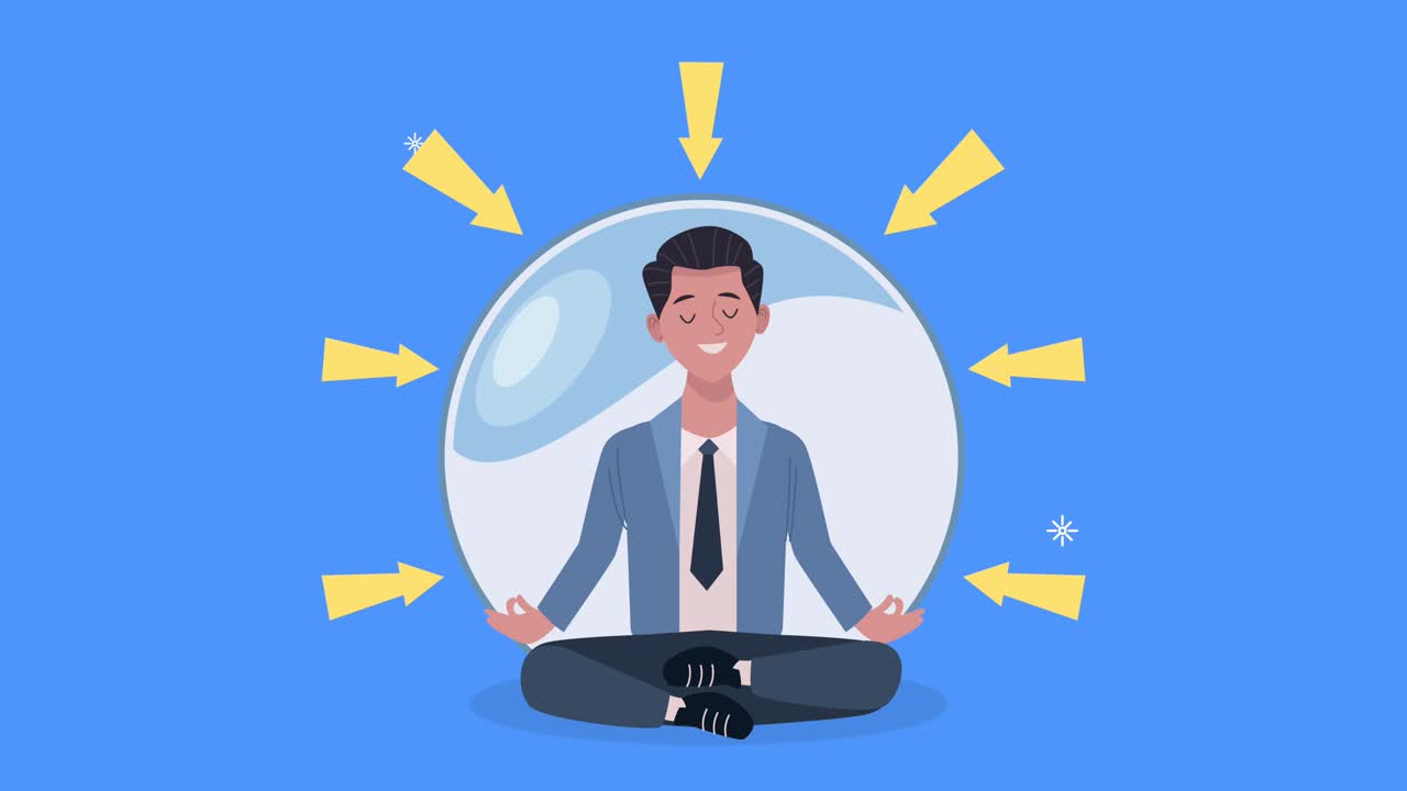 businessman practicing yoga with arrows