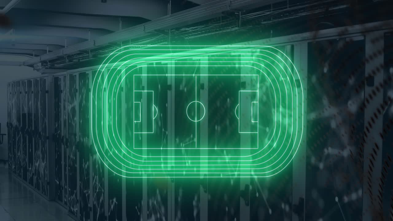 Animasjon av en basketballbane over sammenkoblede punkter på serverstativer i bakgrunnen
