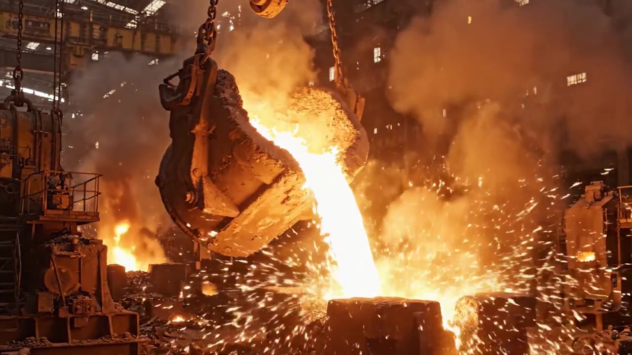 Dramatic Molten Metal Pouring Scene in Industrial Foundry: Capturing the Intense Heat, Bright Flames, and Heavy Machinery in Action