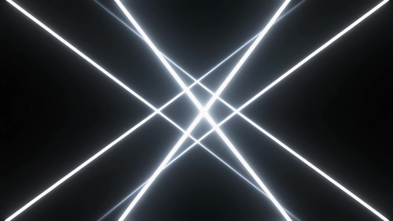 Abstrakt animation af glødende hvide laserlinjer, der skærer hinanden på sort baggrund