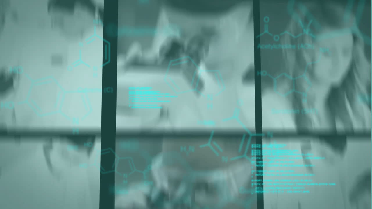 실험실에서 일하는 다양한 과학자들에 대한 데이터 처리 및 화학 공식의 애니메이션