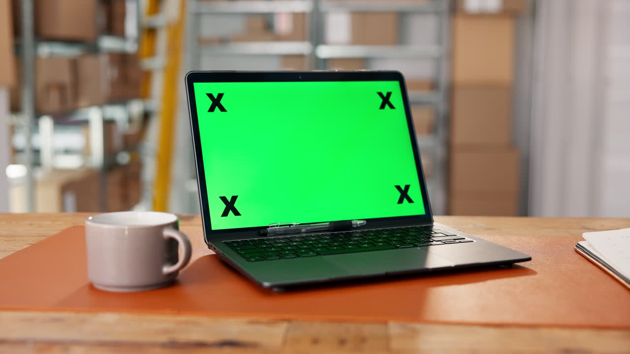 Laptop con green screen sulla scrivania in un magazzino