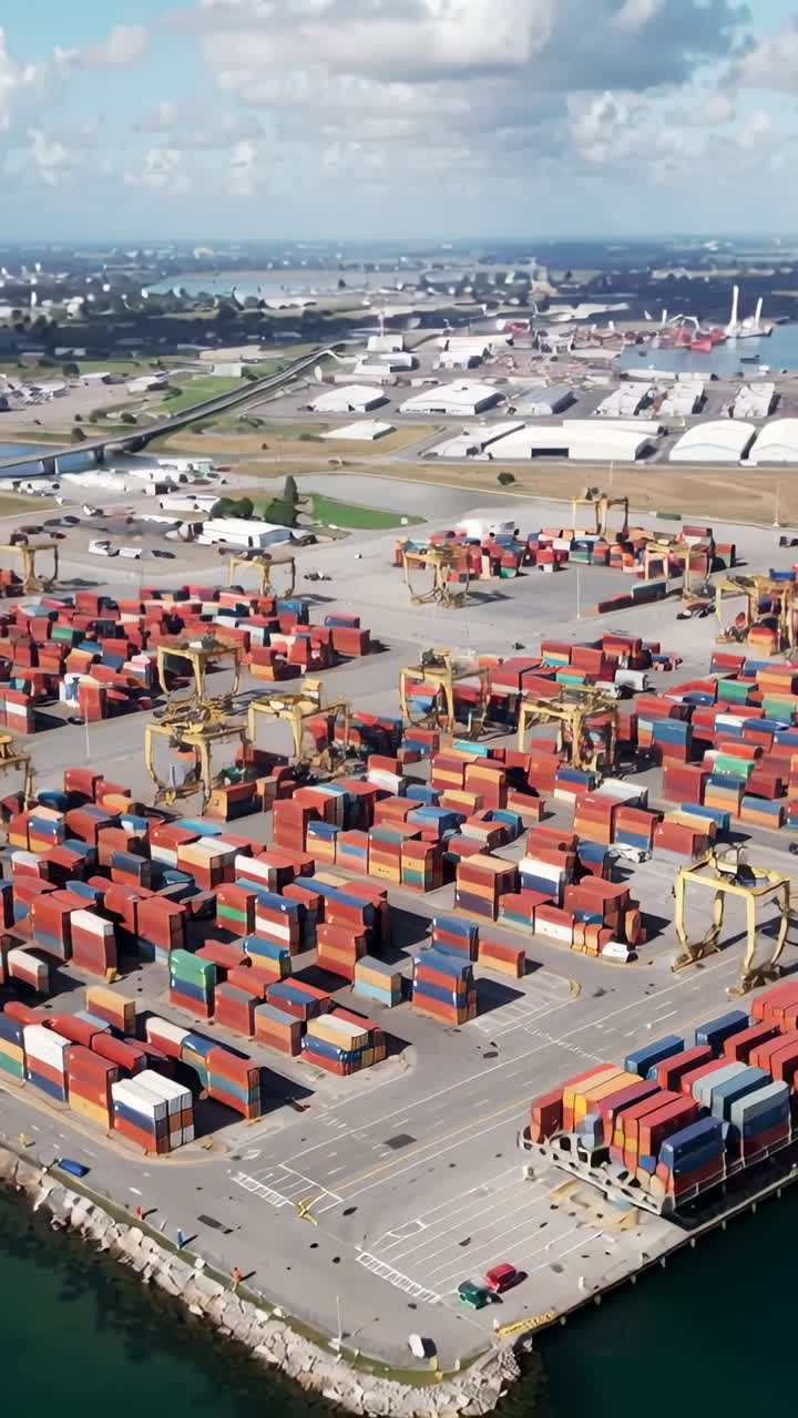 Aerial View of a Busy Container Port with Stacks of Shipping Containers