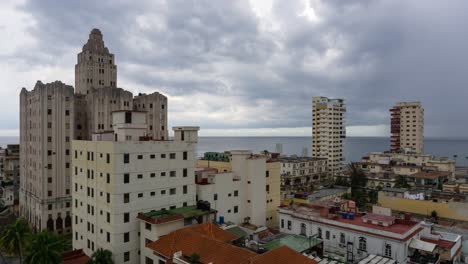 Beautiful-Aerial-Time-Lapse-view-of-the-Havana-City,-Capital-of-Cuba,-during-a-vibrant-cloudy-day