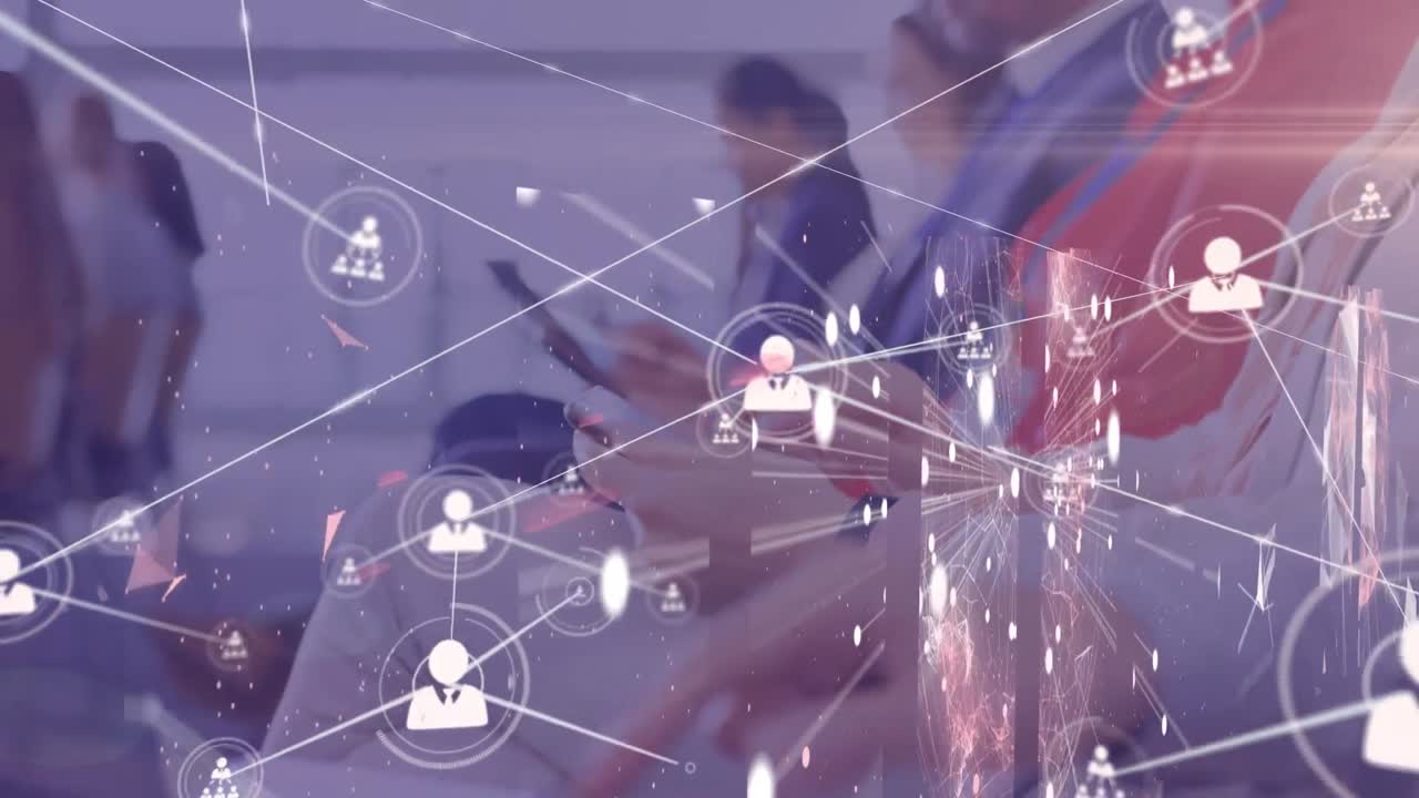 스마트폰을 사용하는 사업가 그룹에 대한 금융 데이터 처리의 애니메이션