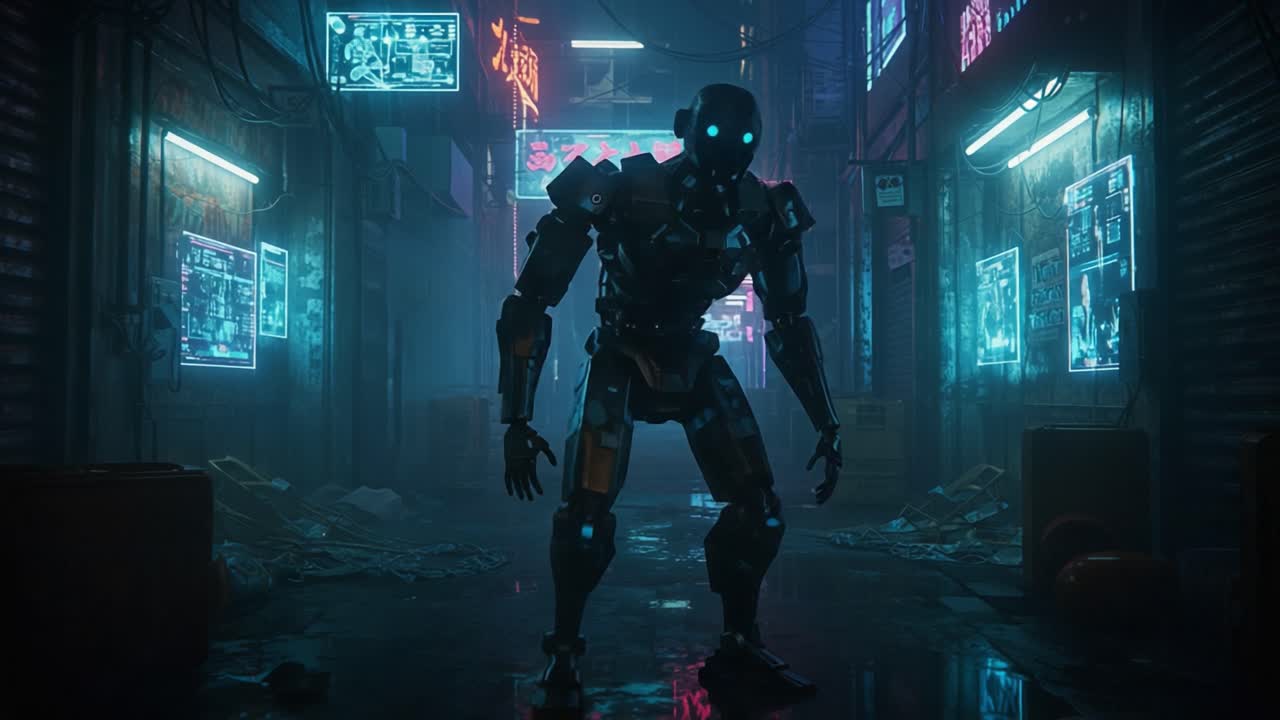 In a vibrant and futuristic neon-lit alleyway, a formidable robot with glowing blue accents stands poised, exploring its urban environment amidst signs and holograms