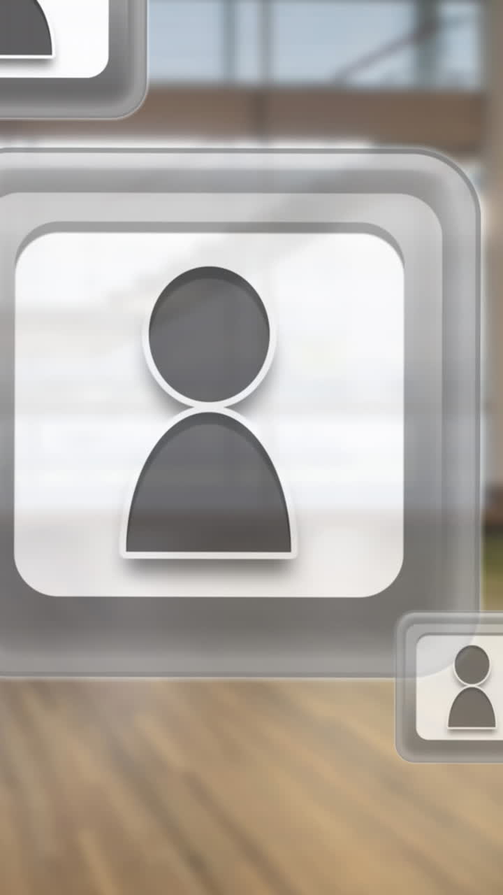 animación de iconos flotando sobre el espacio de oficina borroso