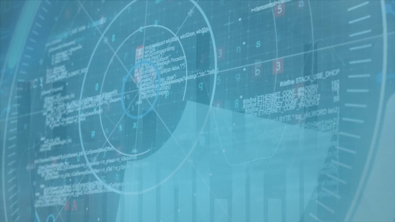 Animation of network of connections with icons and scope scanning over cityscape