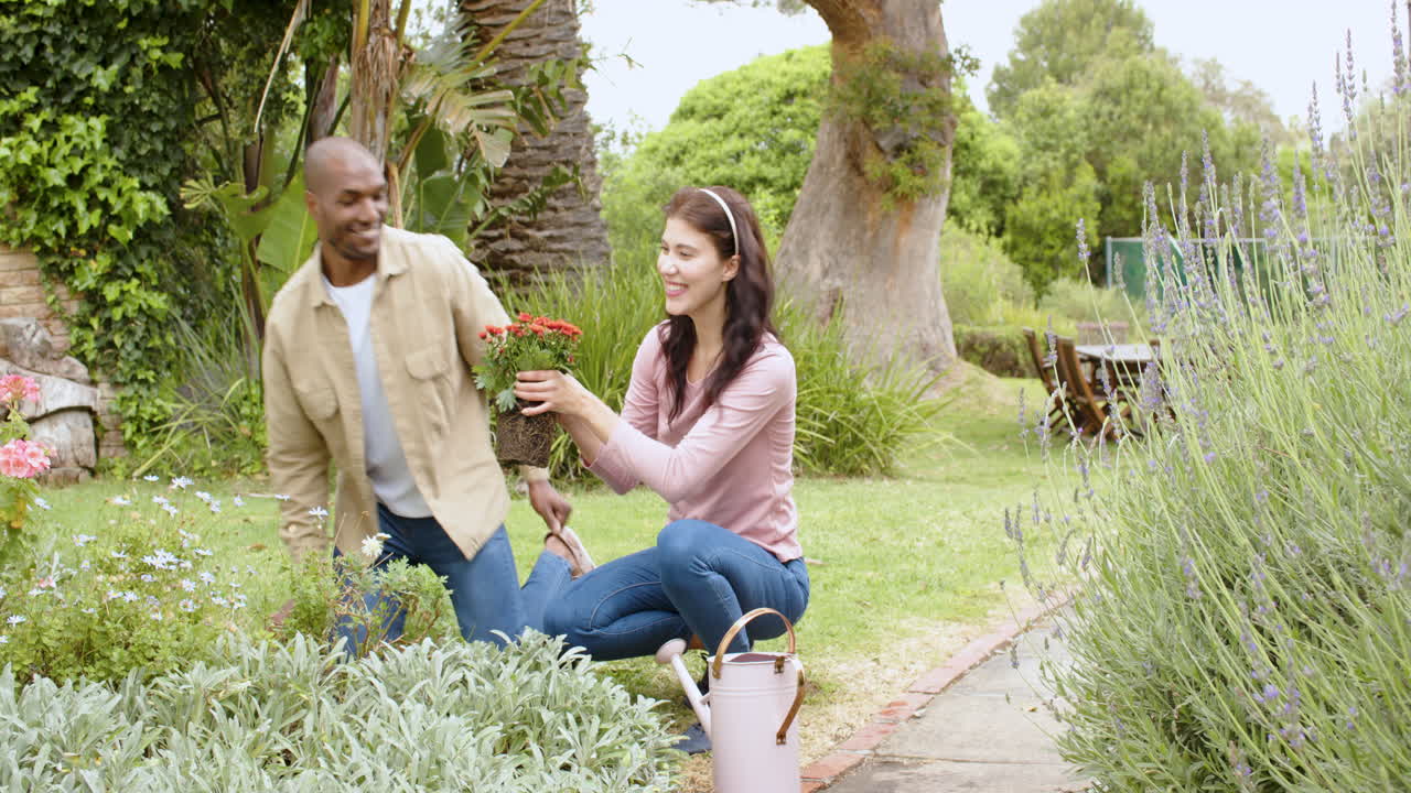 Multiracial couple gardening together in backyard, enjoying nature and planting flowers