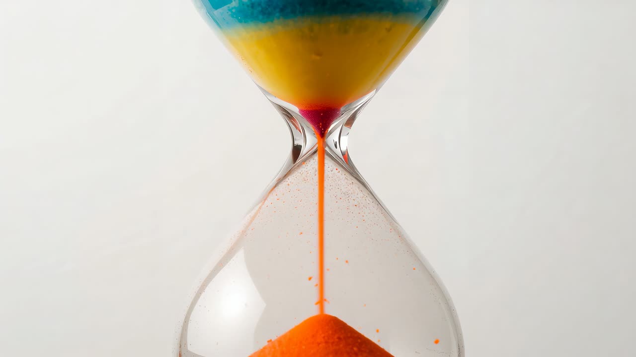 Showing glass hourglass trickling colored sand by gravity in studio, orange pile showing time flow