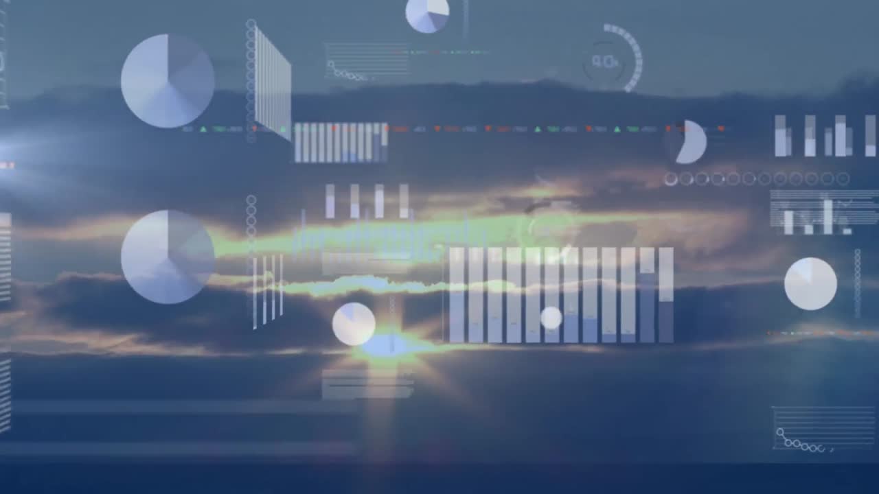 Animation of statistics and financial data processing over sunset