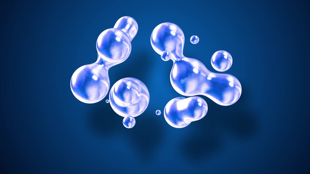 el fondo abstracto de las metabolas como si gotas de vidrio o esferas llenas de chispas azules se fusionaran y se dispersaran moviéndose cíclicamente en 4k. animación sin costuras en bucle con burbujas brillantes.