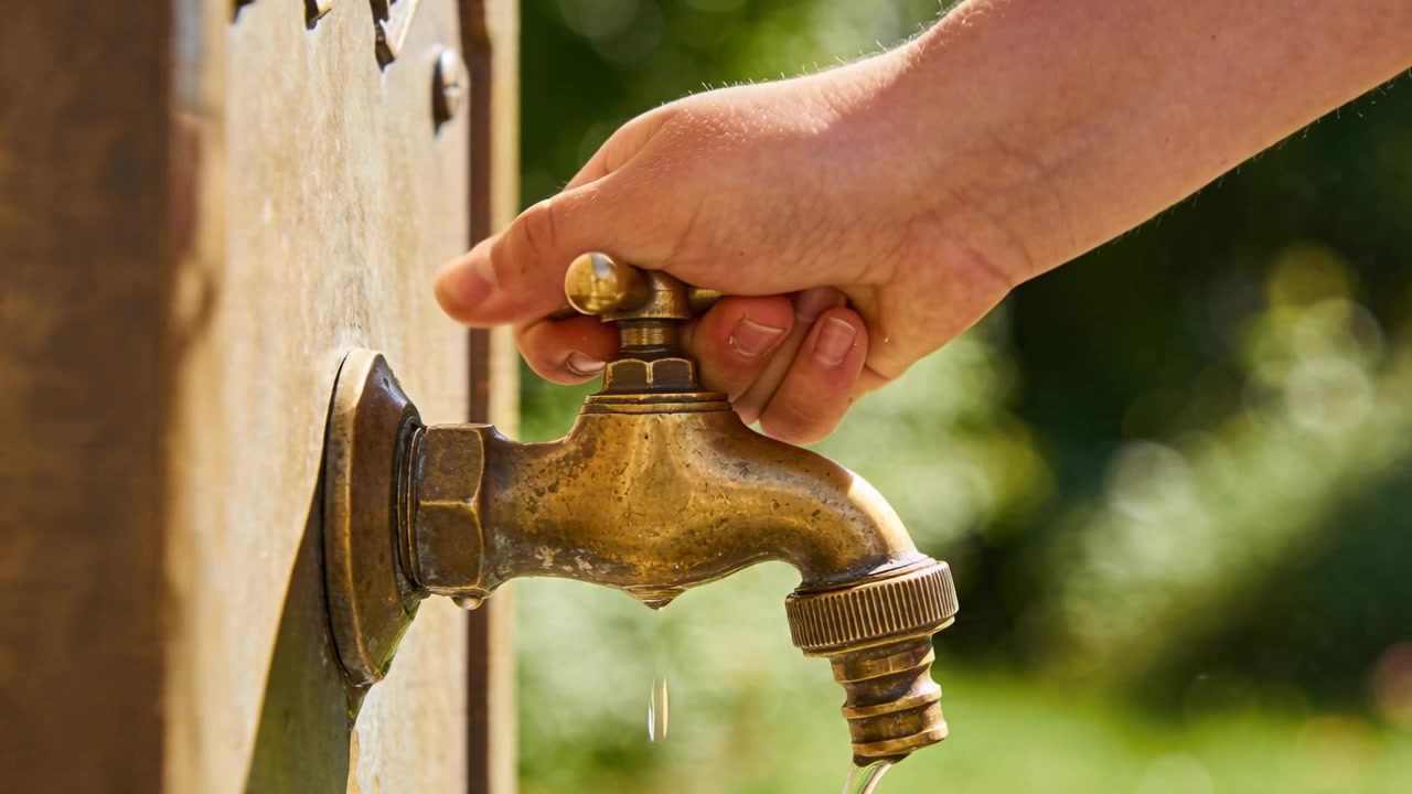 Mano destra che afferra, braccio nudo che gira la manopola in ottone di un rubinetto da giardino, interrompendo il flusso d'acqua