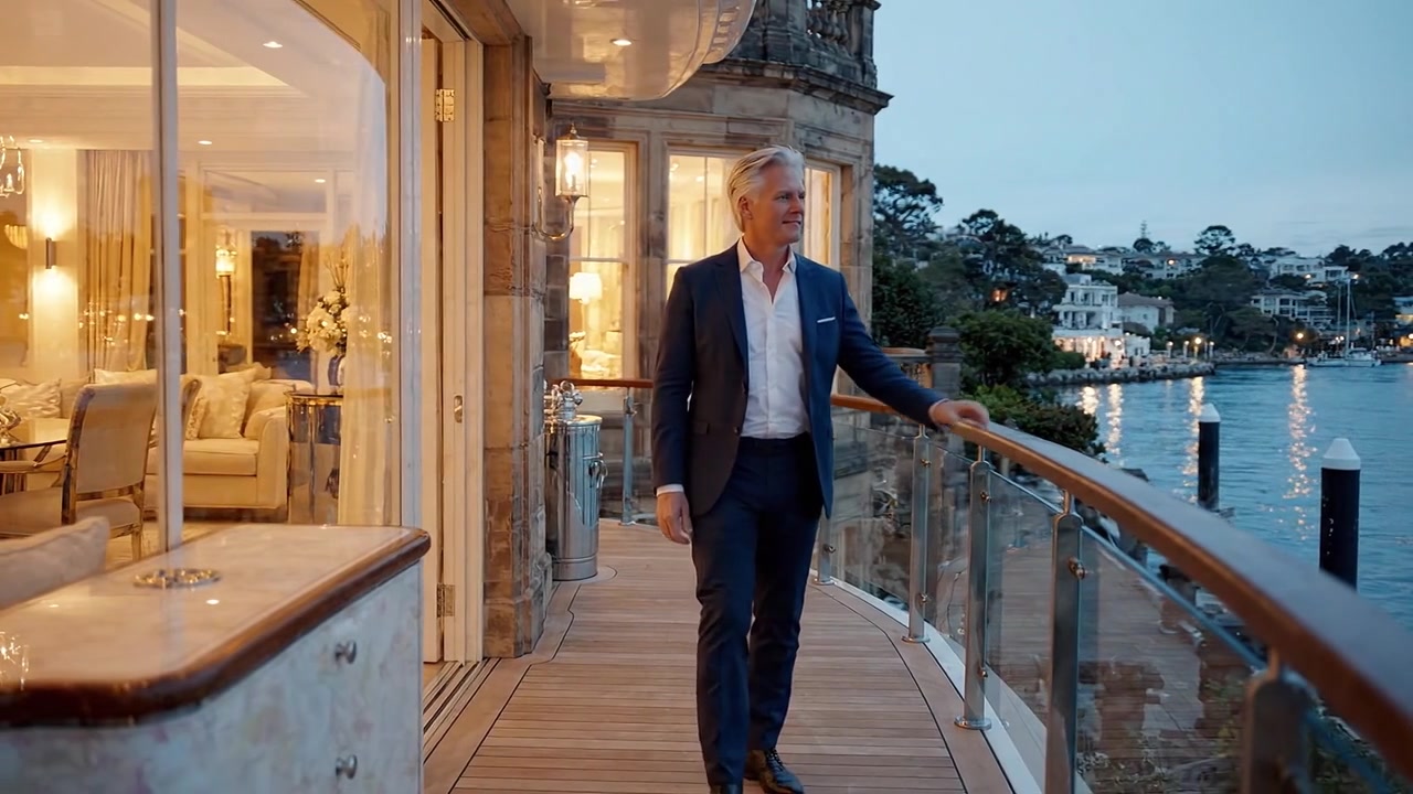 Uomo elegante che si gode una serena passeggiata serale lungo un lussuoso balcone sul lungomare che si affaccia su un paesaggio pittoresco e un quartiere splendidamente illuminato