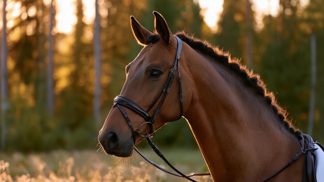 En majestætisk brun hest står yndefuldt på en solbeskinnet eng, fanget i fantastiske detaljer midt i et smukt naturlandskab.