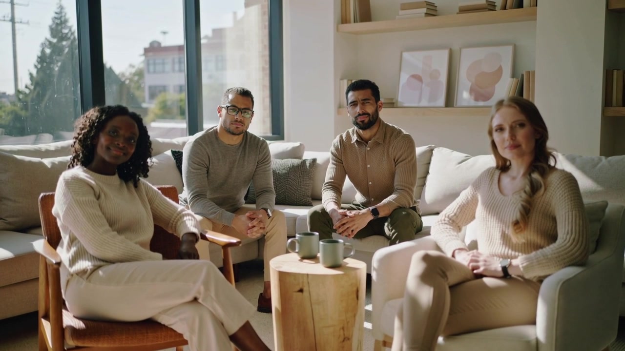 Kameraet kører, fire personer sidder og flytter sig, mens de vender mod kameraet i stuen til diskussion.