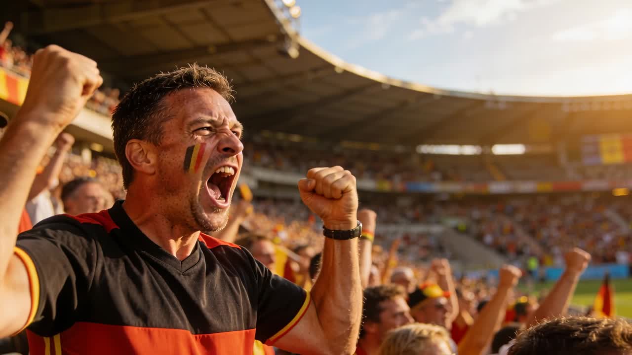 Hombre reaccionando y gritando, levantando los puños ante el juego en el campo, con el uniforme del equipo del estadio, banderas alemanas, espacio para texto.