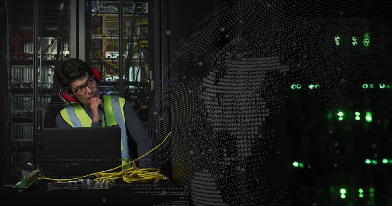 Animation of text with globe and network of connections