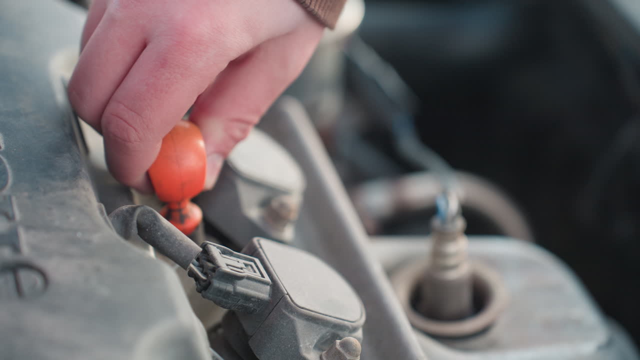 Close up of person pulling dipstick from car engine bay to check oil level under raised hood during winter maintenance outdoors with frosty snow and engine parts visible in cold background