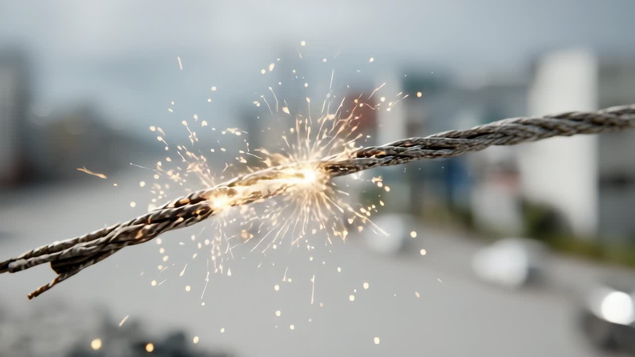 Metal cable snaps while under tension. A metal cable fractures, sending sparks as it breaks. This event captures the tension and energy of the moment.
