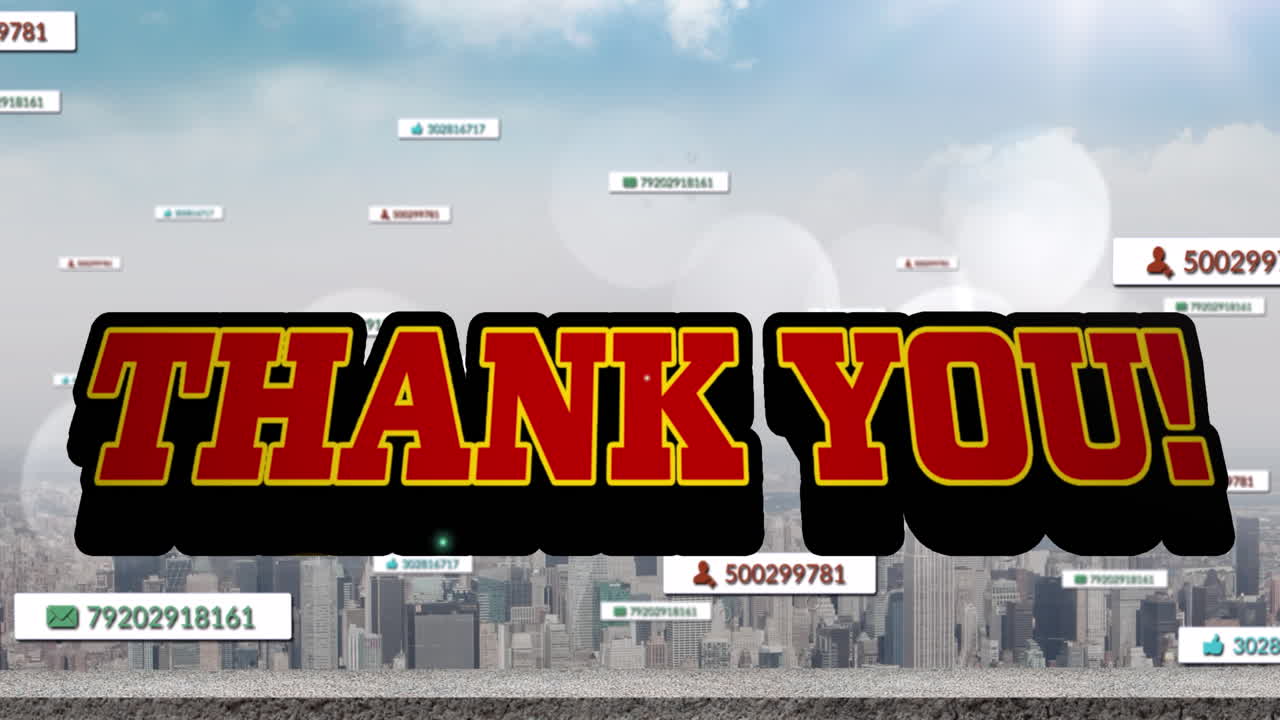 도시 풍경 위에서 성장하는 감사 텍스트와 숫자의 애니메이션