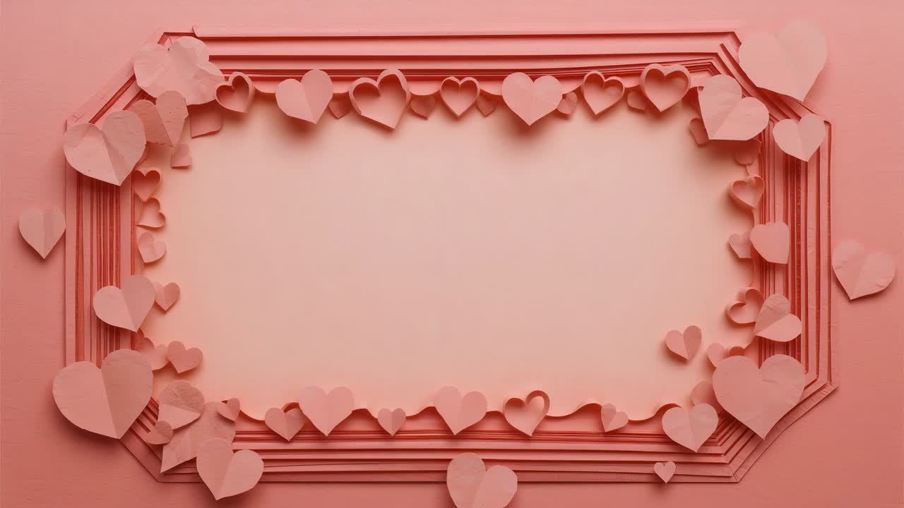 Spostamento della camera che rivela una cornice di carta a strati su un pannello rosa pallido, per evidenziare i ritagli a forma di cuore