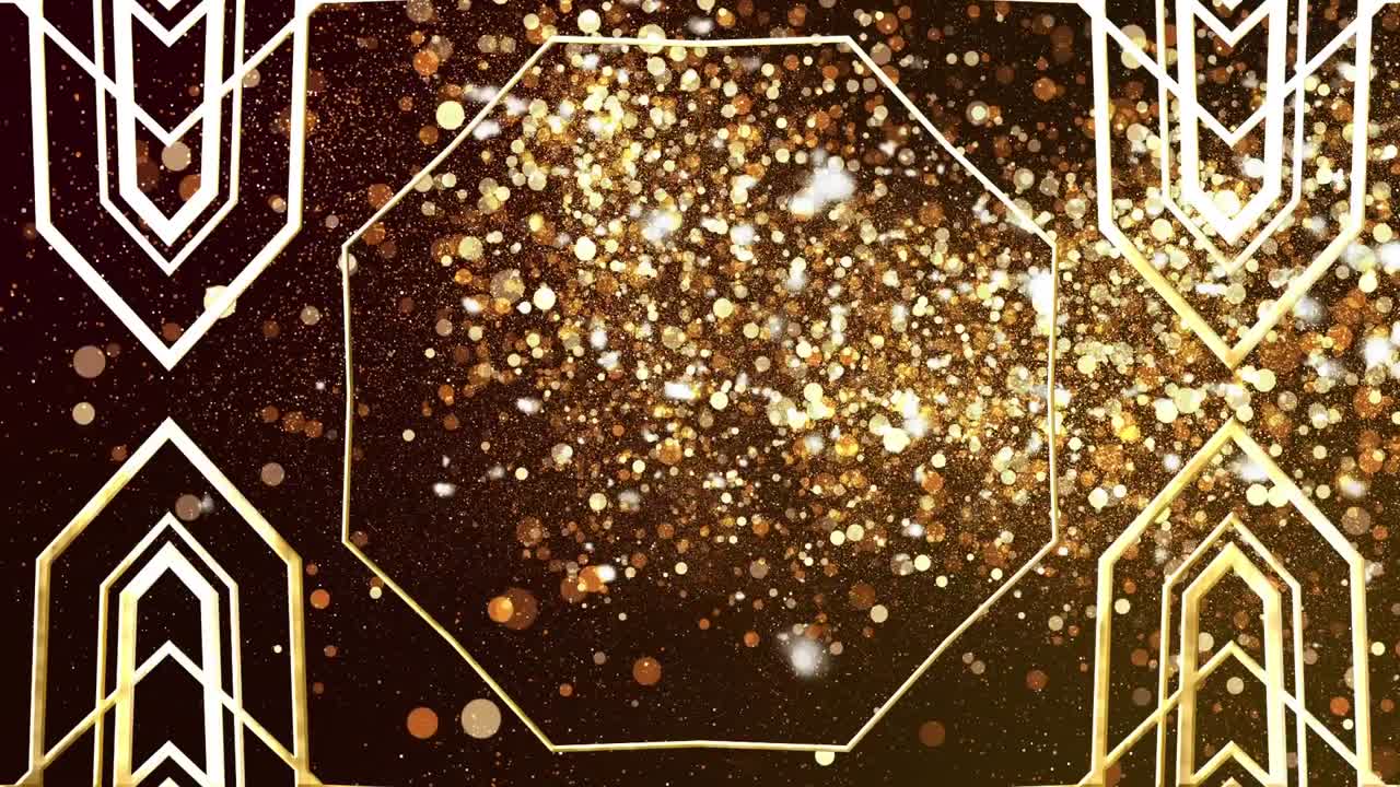 배경 에 있는 칼레이도스코프 모양 위 에 빛나는 금색 반점 들 의 애니메이션