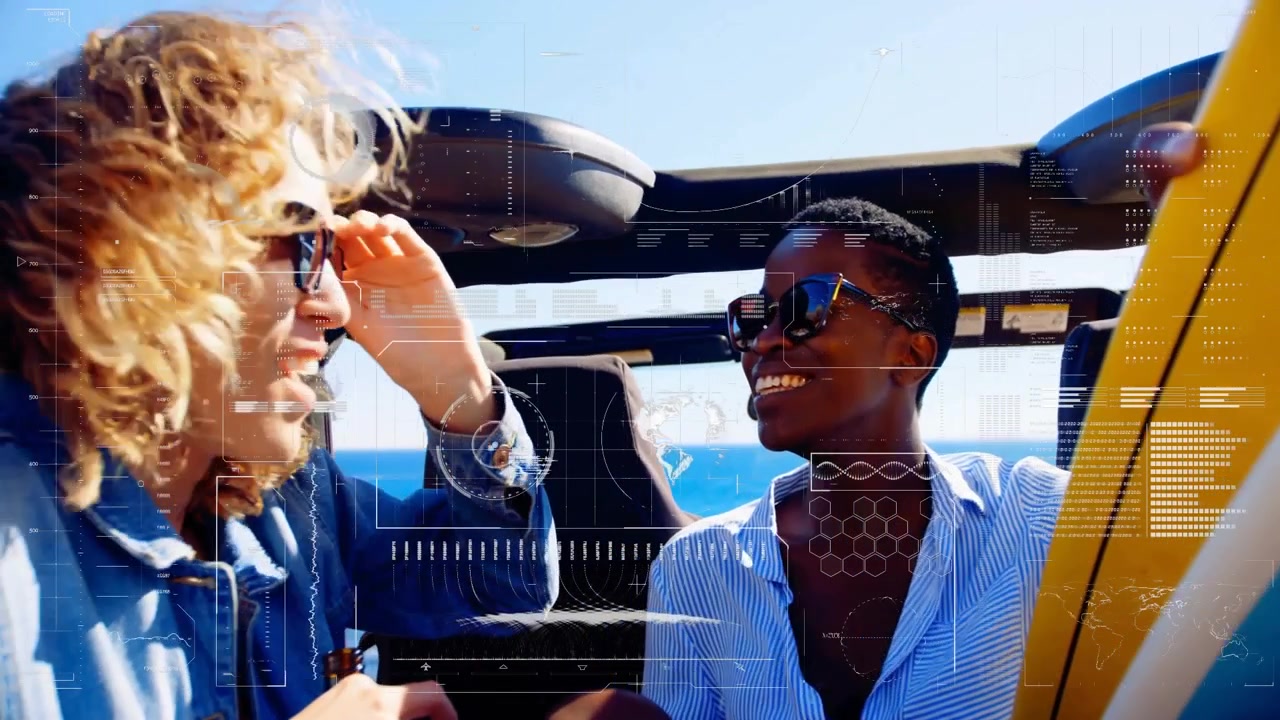 Female driver lifting sunglasses as friend raises bottle cruising coast, showing tech data overlays